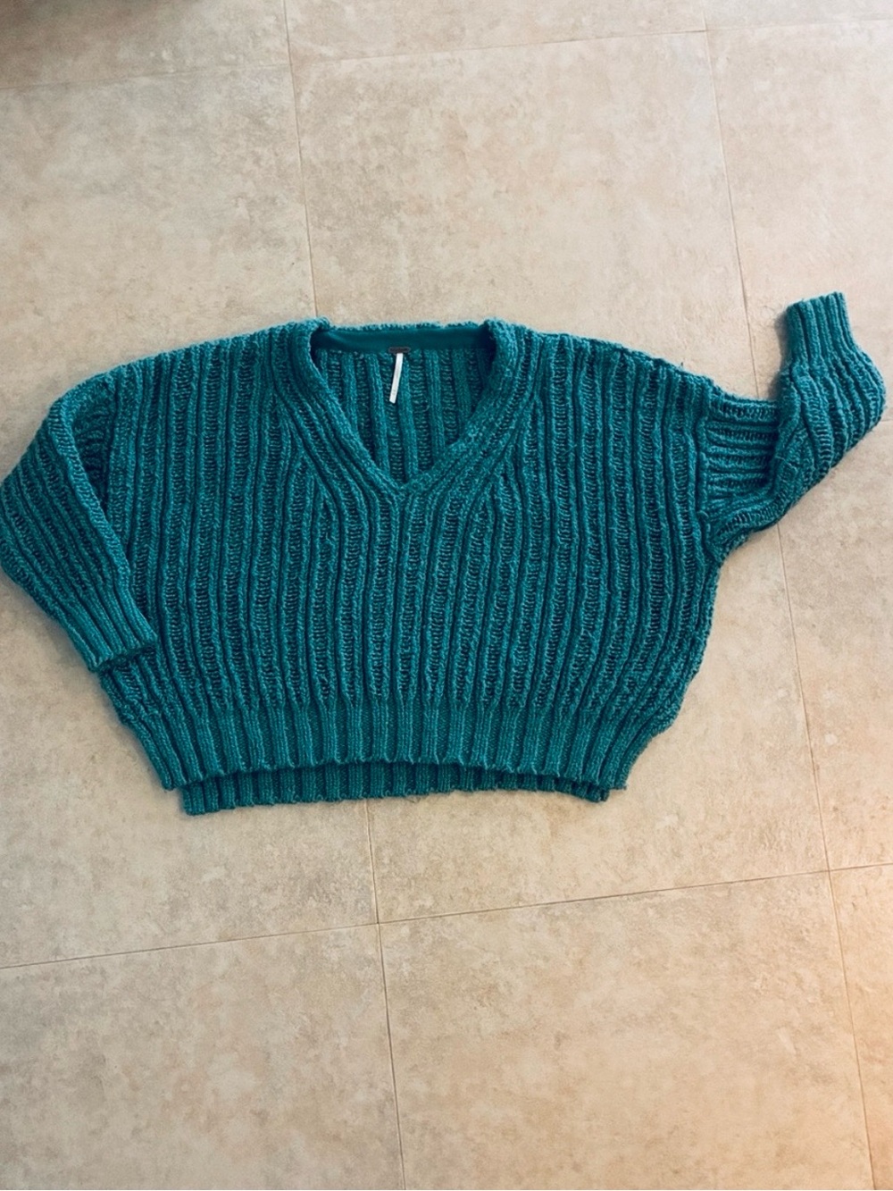 Free People Teal Cunky Ribbed V-Neck Sweater Size XS/S